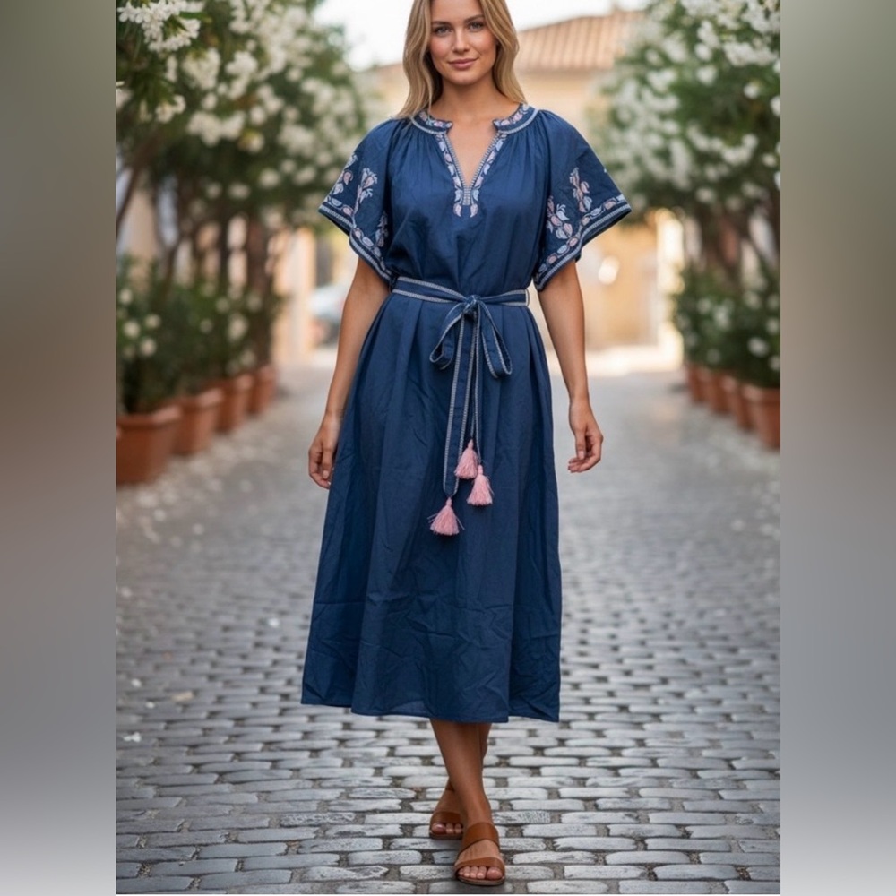 EX VOTO VINTAGE BRI DRESS WITH EMBROIDERY STARGAZER BLUE WITH POCKETS